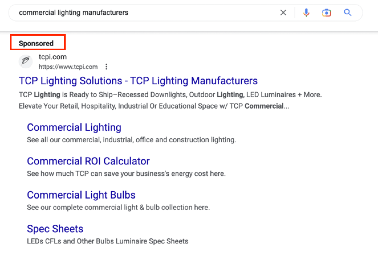 谷歌搜索“商业照明制造商”的搜索结果截图